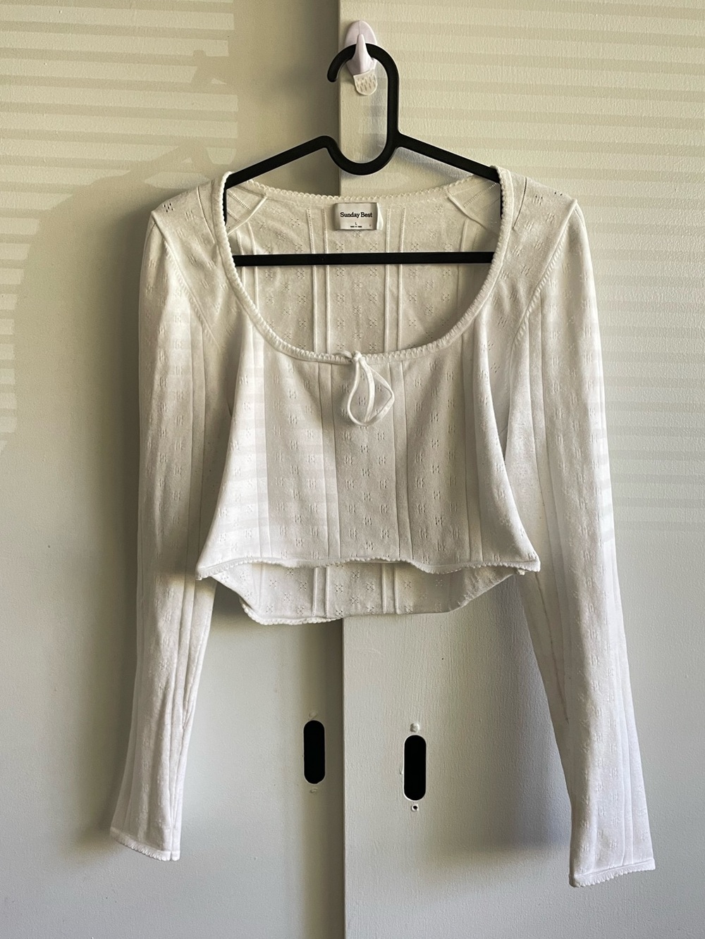 Aritzia Sunday Best Pointelle Long Sleeve Tie Front Cropped Blouse White